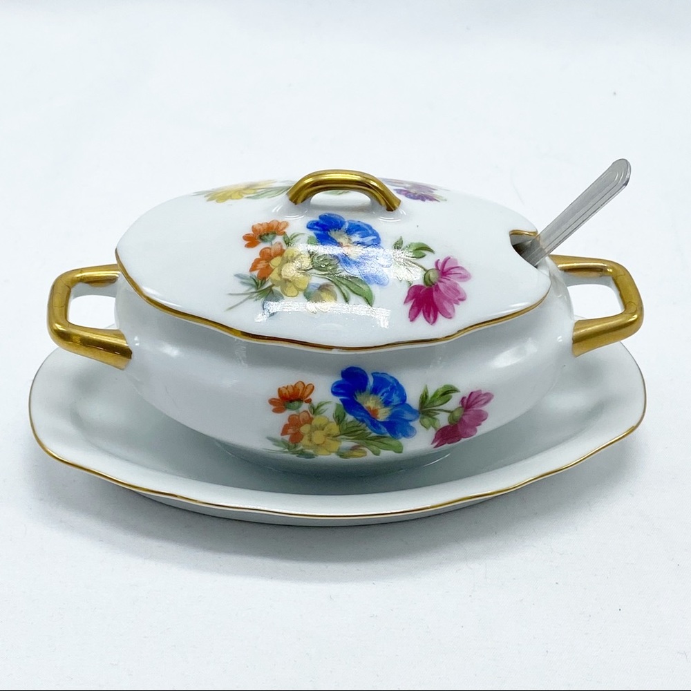 Vintage Lefton Handpainted Floral Sugar Dish with Spoon